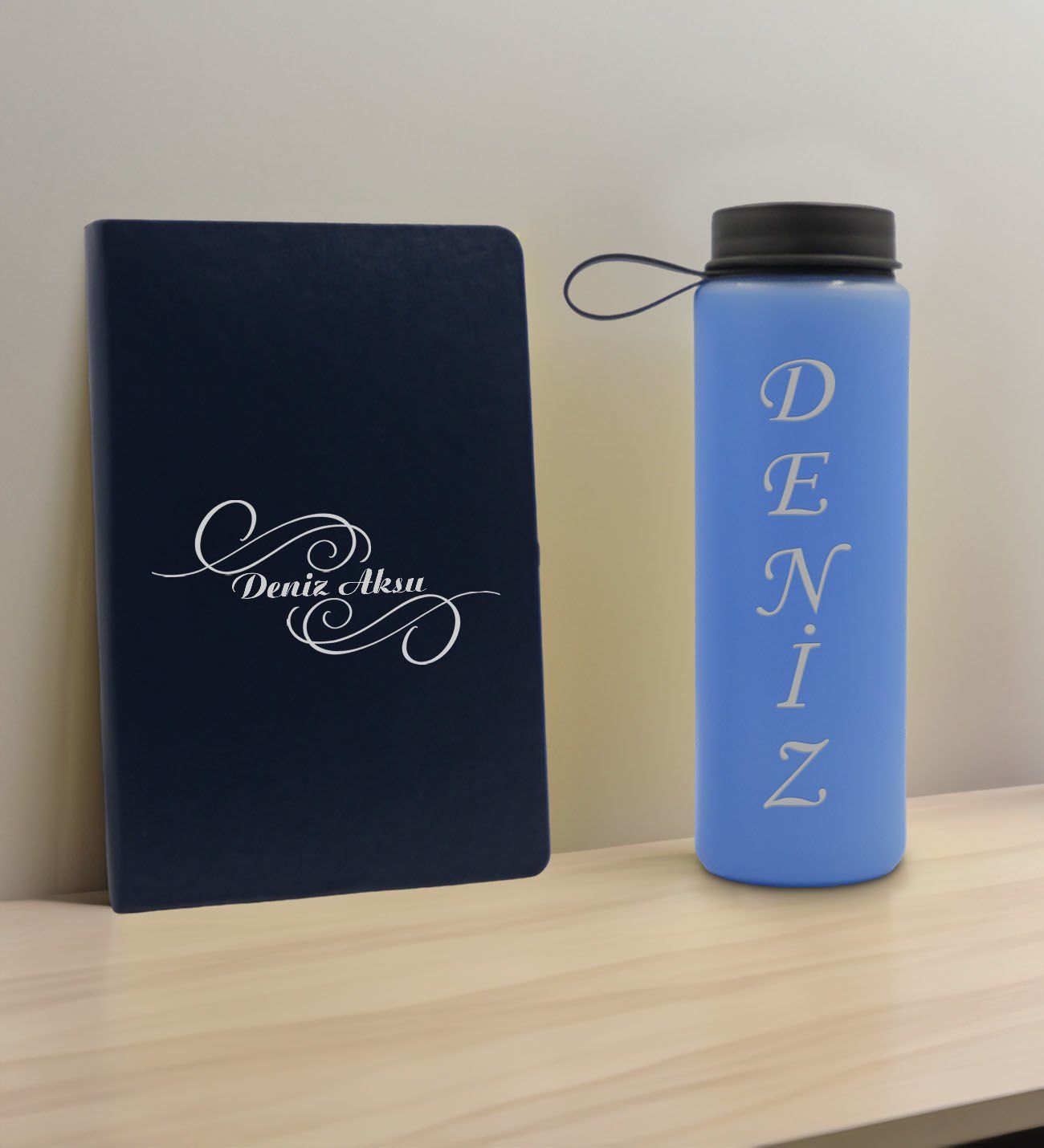 BK Gift Kişiye  Özel İsimli Lacivert Defter ve Mavi Cam Matara Hediye Seti-3, Sevgiliye Hediye, Arkadaşa Hediye, Yeni İş Hediyesi