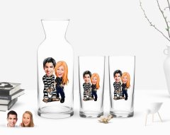 Kişiye Özel Renkli Baskılı Sevgililer Karikatürlü İkili Rakı Bardağı ve Karaf Hediye Seti-7
