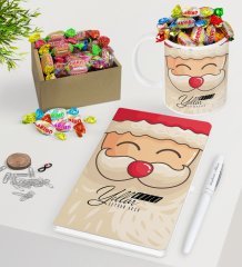 Kişiye Özel Noel Baba Beyaz Defter Kalem Kupa ve Kutulu Haribo Şeker Hediye Seti-6