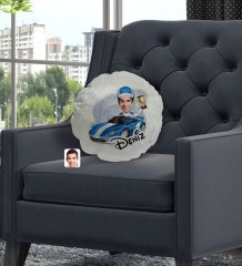 Kişiye Özel İsimli Erkek Rallici Karikatürlü Yuvarlak Dekoratif Kırlent Yastık-1