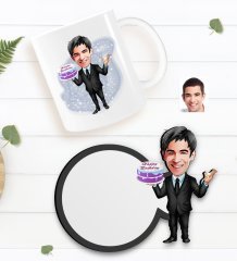 Kişiye Özel Erkek Doğum Günü Karikatürlü Beyaz Kupa ve Ahşap Bardak Altlığı Hediye Seti-2