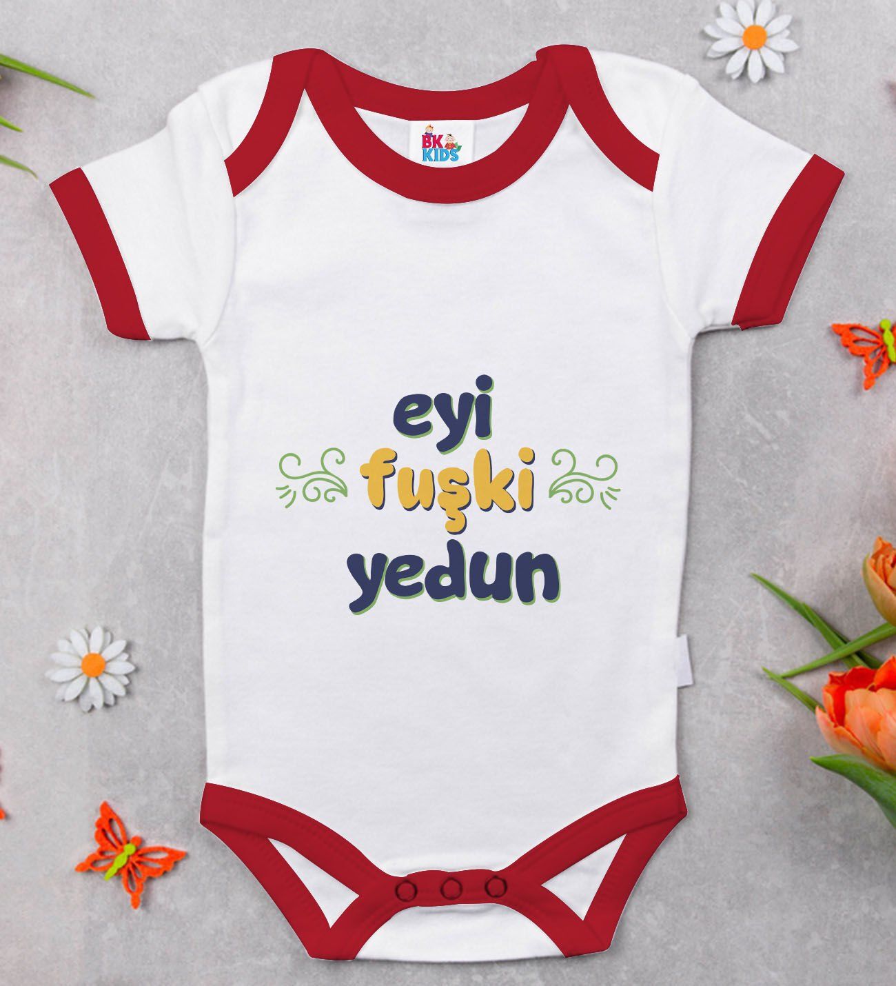 BK Kids Eyi Fuşki Yedin Tasarımlı Kırmızı Bebek Body Zıbın-1