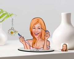 Kişiye Özel Kadın Karikatürlü 3D Ahşap Biblo ve İsimli Gold Papatya Anahtarlık-21