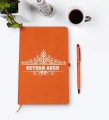 Kişiye Özel İsimli Turuncu Termo Deri Defter Kalem Seti Model 32
