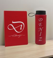 BK Gift Kişiye  Özel İsimli Kırmızı Defter ve Cam Matara Hediye Seti-2, Sevgiliye Hediye, Arkadaşa Hediye, Yeni İş Hediyesi
