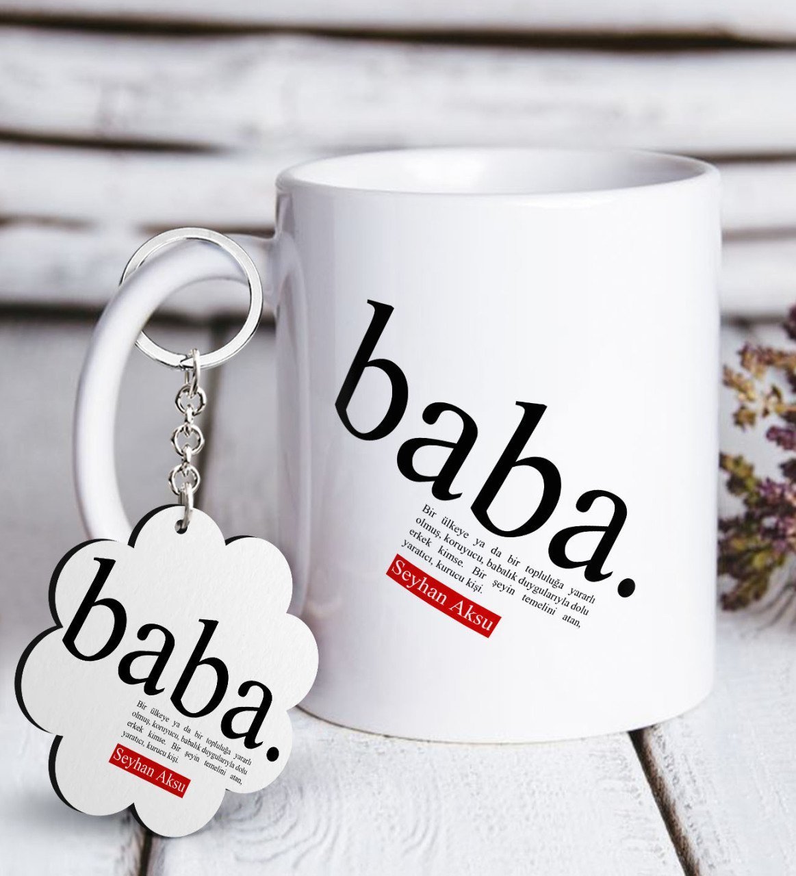 Kişiye Özel Baba Anlamı Beyaz Kupa ve Anahtarlık Hediye Seti