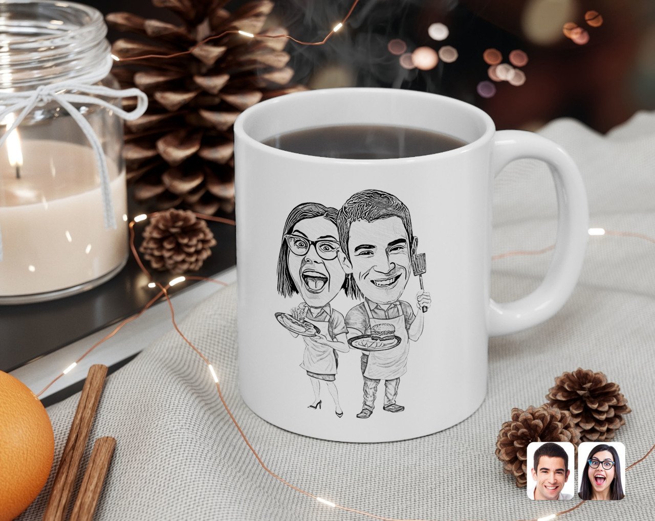 Kişiye Özel Karakalem Aşçı Çift Karikatürlü Beyaz Kupa Bardak-1
