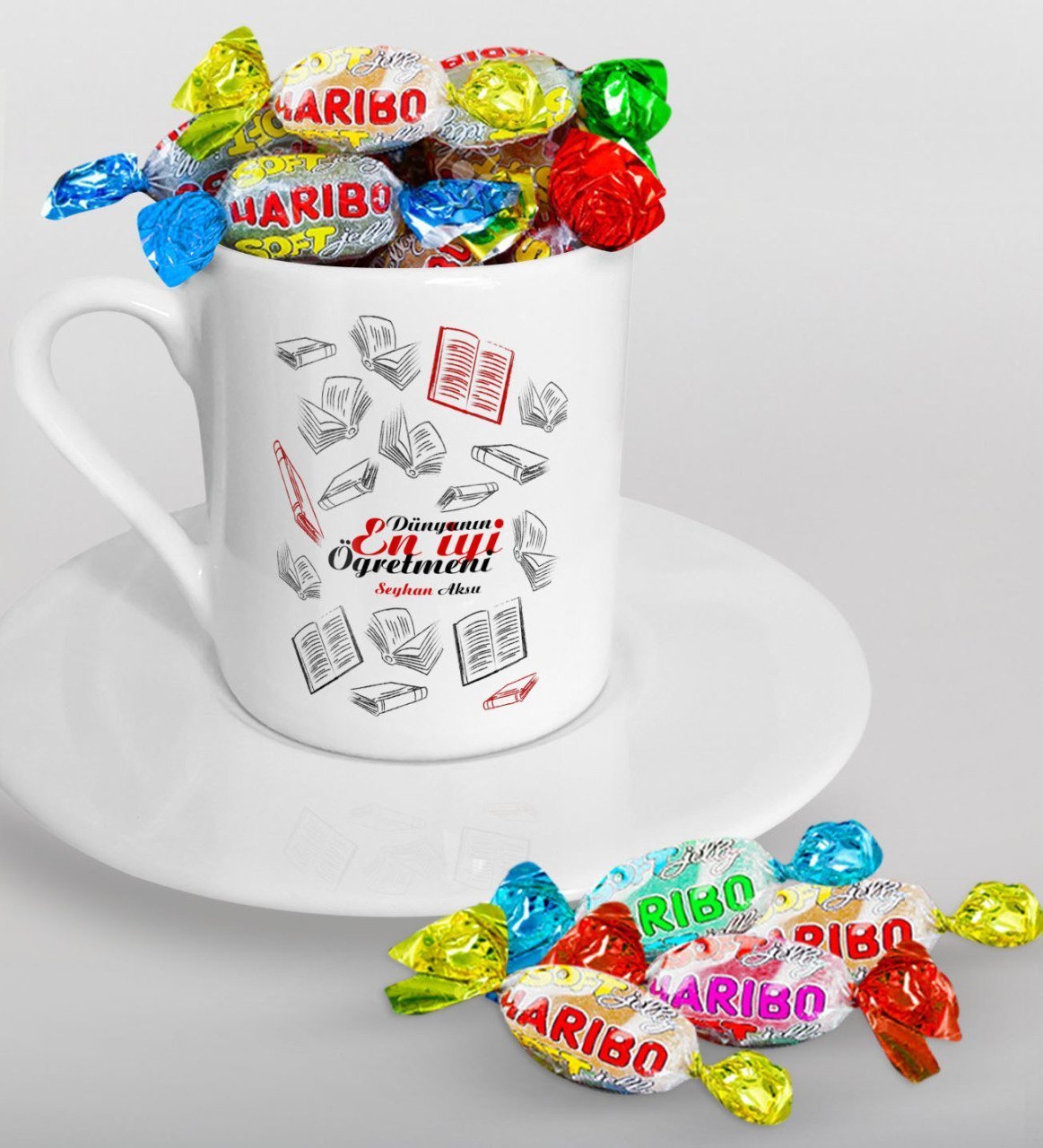 Kişiye Özel Dünyanın En İyi Öğretmeni Türk Kahvesi Fincanı ve Haribo Şeker Hediye Seti-7