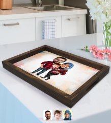 Kişiye Özel Tesettürlü Aile Karikatürlü Doğal Ahşap Tepsi-2