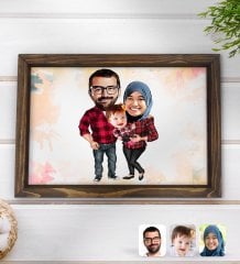 Kişiye Özel Tesettürlü Aile Karikatürlü Doğal Ahşap Tepsi-2