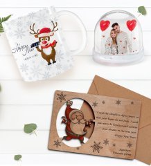 Kişiye Özel Fotoğraflı Kar Küresi & Happy New Year Kupa Bardak & Retro Ahşap Yılbaşı Tebrik Kartı Hediye Seti-5C