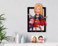 Kişiye Özel Süper Anne ve Çocuk Karikatürlü 3D Ahşap Tablo-1