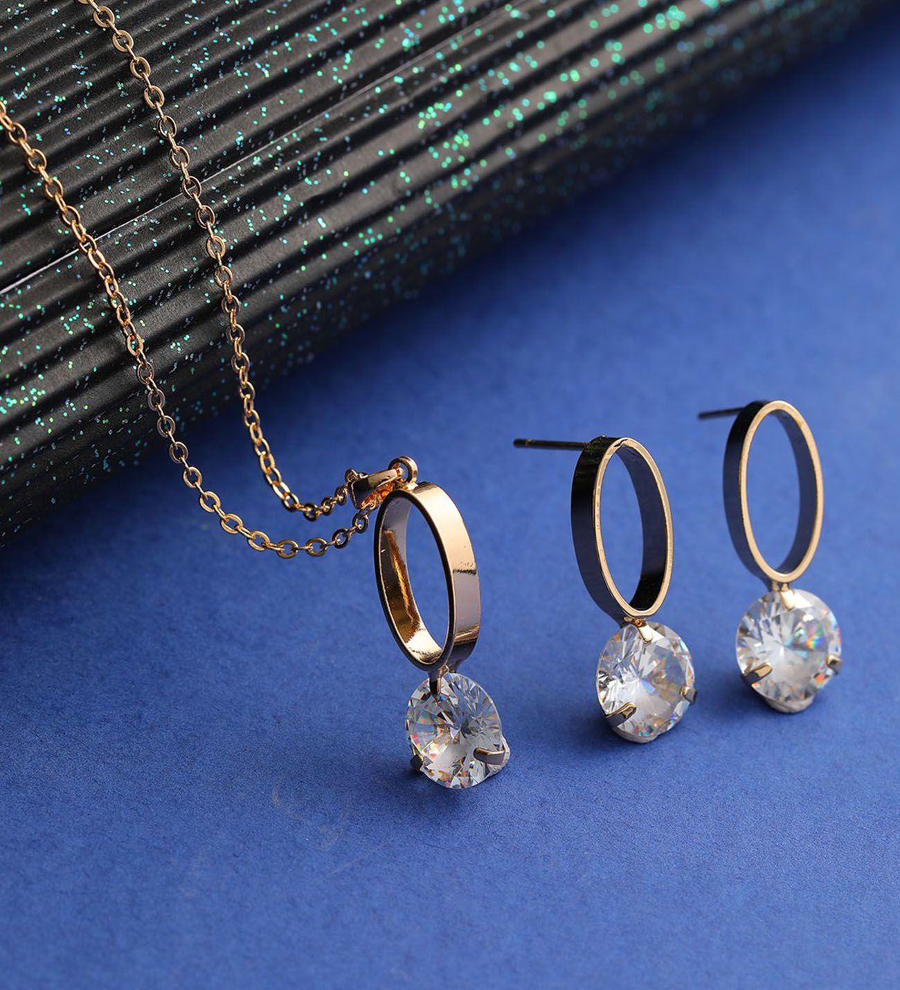 BK Gift Tek Taş Oval Tasarımlı Gold Renk Çelik Kolye ve Küpe Seti, Sevgiliye Hediye, Yıldönümü Hediyesi