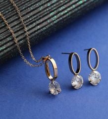 BK Gift Tek Taş Oval Tasarımlı Gold Renk Çelik Kolye ve Küpe Seti, Sevgiliye Hediye, Yıldönümü Hediyesi