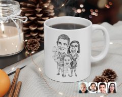 Kişiye Özel Karakalem 4'lü Aile Karikatürlü Beyaz Kupa Bardak-1