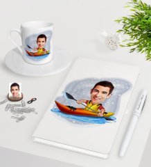 Kişiye Özel Erkek Kanocu Karikatürlü Beyaz Defter Kalem Türk Kahvesi Fincanı Seti-1