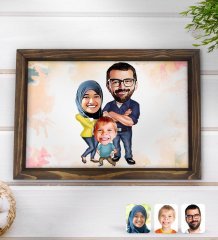 Kişiye Özel Tesettürlü Aile Karikatürlü Doğal Ahşap Tepsi-1