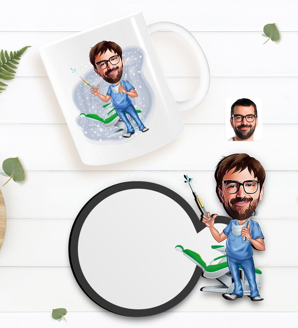 Kişiye Özel Erkek Diş Hekimi Karikatürlü Beyaz Kupa ve Ahşap Bardak Altlığı Hediye Seti-4