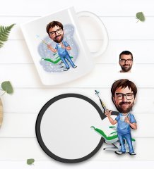Kişiye Özel Erkek Diş Hekimi Karikatürlü Beyaz Kupa ve Ahşap Bardak Altlığı Hediye Seti-4