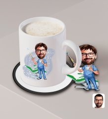 Kişiye Özel Erkek Diş Hekimi Karikatürlü Beyaz Kupa ve Ahşap Bardak Altlığı Hediye Seti-4