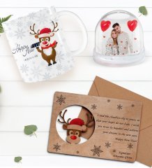 Kişiye Özel Fotoğraflı Kar Küresi & Happy New Year Kupa Bardak & Retro Ahşap Yılbaşı Tebrik Kartı Hediye Seti-5B