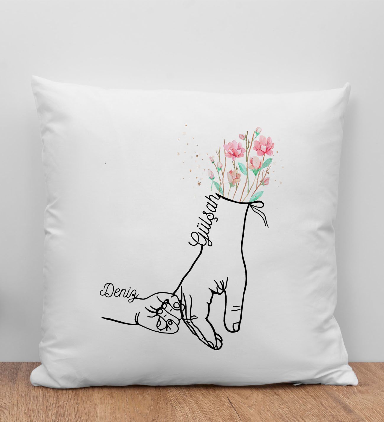 BK Gift Kişiye Özel Renkli Anne-Çocuk El Tasarımlı Beyaz Kırlent Yastık-1, Anneye Hediye, Ev Dekorasyonu, Yeni Doğum Hediyesi