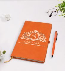 Kişiye Özel İsimli Turuncu Termo Deri Defter Kalem Seti Model 13