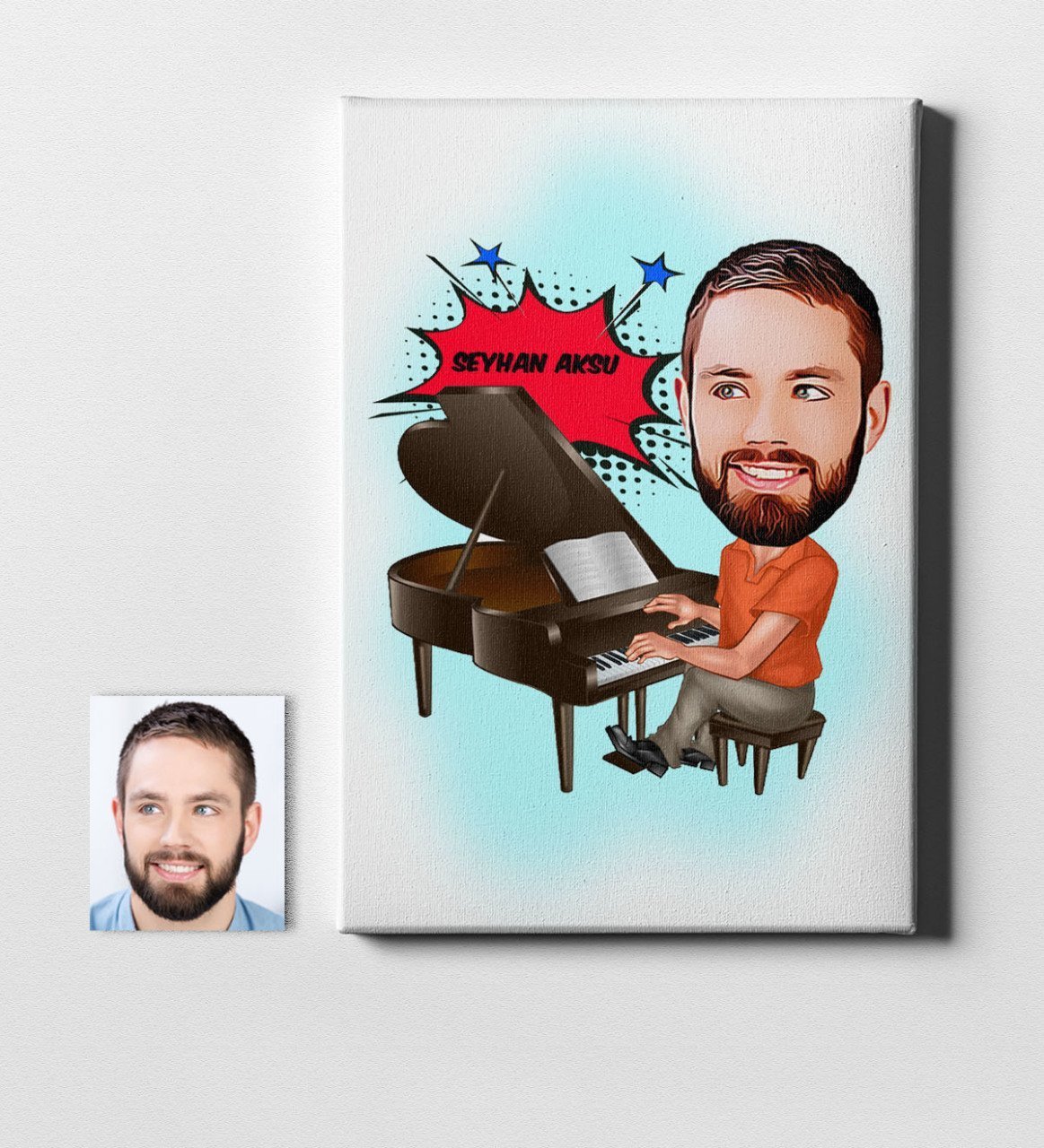 Kişiye Özel Bay Piyanist Karikatür Kanvas Tablo (50 x 70 cm.) 1