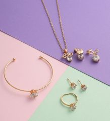 BK Gift Tek Taş Tasarımlı Gold Kolye&Küpe&Bilezik ve Yüzük Hediye Seti(Ekstra 2 adet Kolye Ucu), Sevgiliye Hediye, Yıldönümü Hediyesi