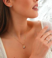 BK Gift Tek Taş Tasarımlı Gold Kolye&Küpe&Bilezik ve Yüzük Hediye Seti(Ekstra 2 adet Kolye Ucu), Sevgiliye Hediye, Yıldönümü Hediyesi