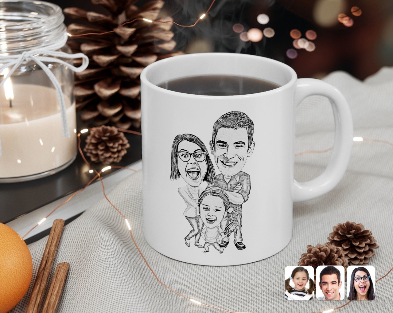 Kişiye Özel Karakalem 3'lü Aile Karikatürlü Beyaz Kupa Bardak-1