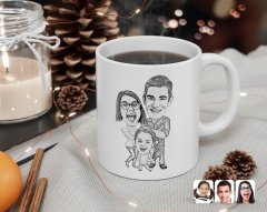 Kişiye Özel Karakalem 3'lü Aile Karikatürlü Beyaz Kupa Bardak-1