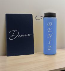BK Gift Kişiye  Özel İsimli Lacivert Defter ve Mavi Cam Matara Hediye Seti-1, Sevgiliye Hediye, Arkadaşa Hediye, Yeni İş Hediyesi
