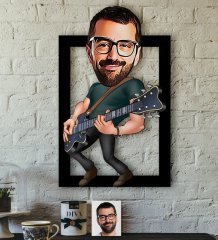 Kişiye Özel Bay Gitarist Karikatürlü 3D Ahşap Tablo-1