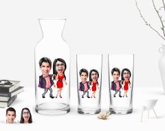 Kişiye Özel Renkli Baskılı Sevgililer Karikatürlü İkili Rakı Bardağı ve Karaf Hediye Seti-4
