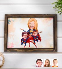 Kişiye Özel Süper Anne ve Süper Çocuklar Karikatürlü Doğal Ahşap Tepsi-1