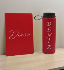 BK Gift Kişiye  Özel İsimli Kırmızı Defter ve Cam Matara Hediye Seti-1, Sevgiliye Hediye, Arkadaşa Hediye, Yeni İş Hediyesi