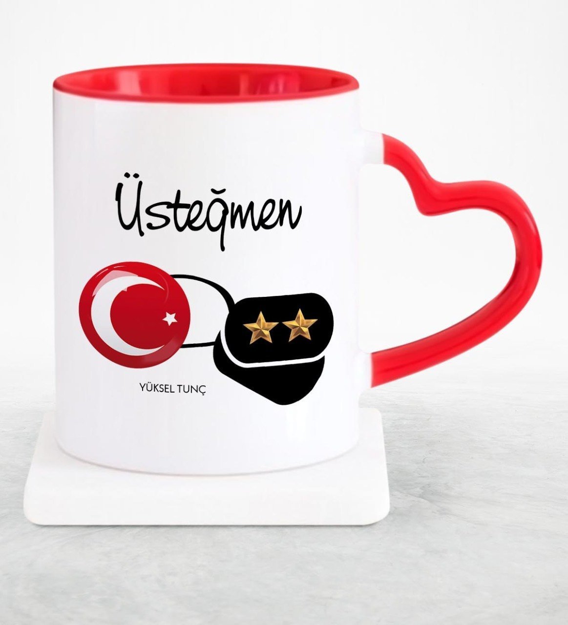 Kişiye Özel Mesleki Üsteğmen Kırmızı Kalpli Kupa Bardak