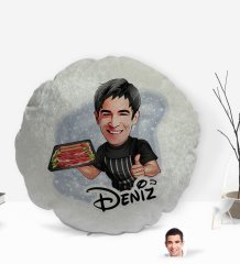 Kişiye Özel İsimli Erkek Kasap Karikatürlü Yuvarlak Dekoratif Kırlent Yastık-2