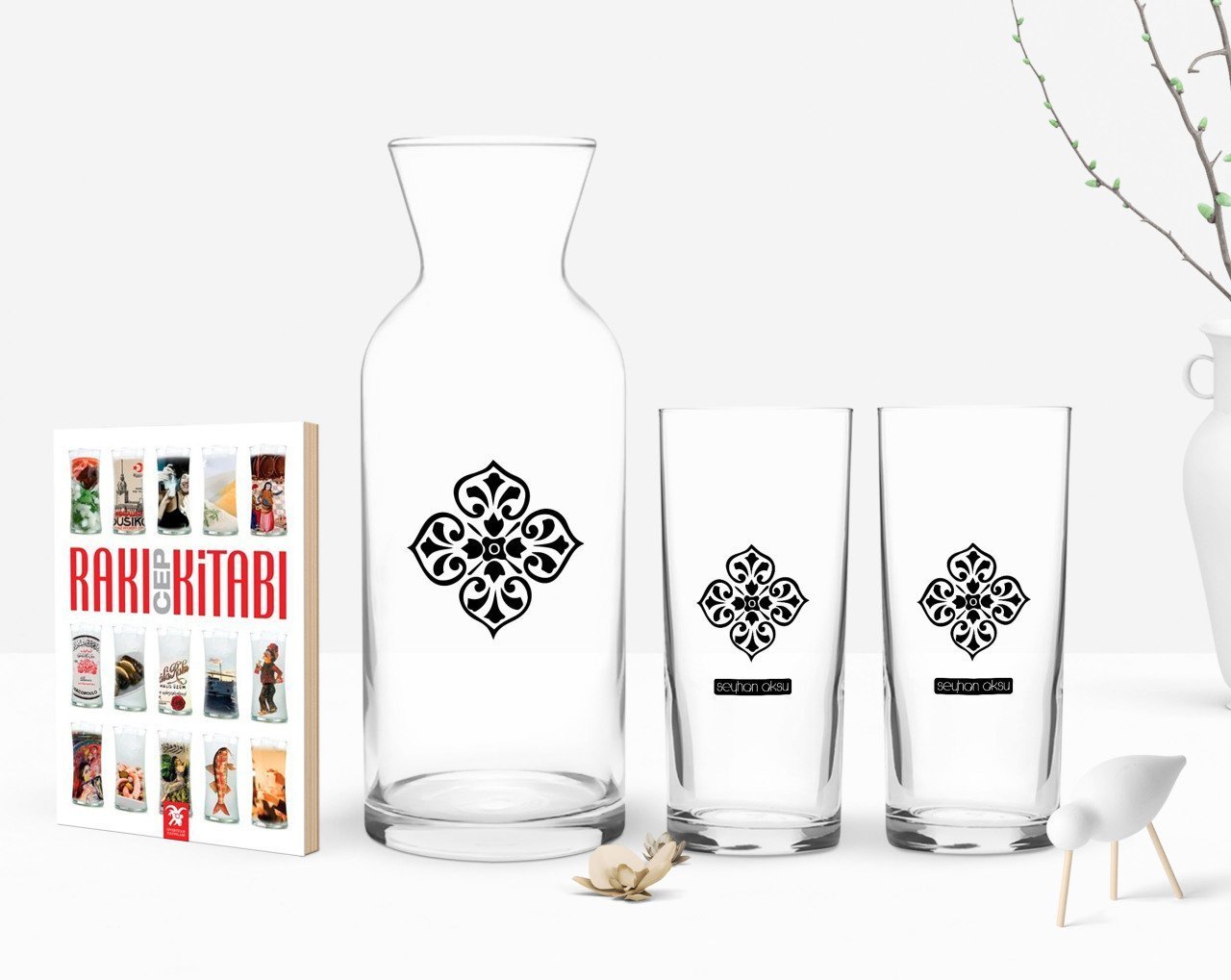Kişiye Özel Renkli Baskılı İsimli İkili Rakı Bardağı Karaf ve Cep Kitabı Hediye Seti-119