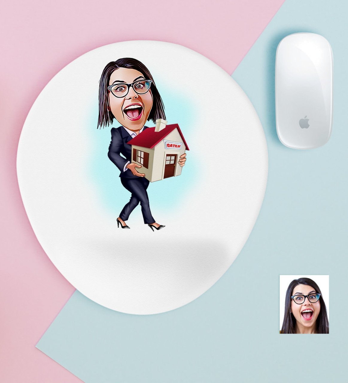 Kişiye Özel Bayan Gayrimenkul Danışmanı Karikatürlü Bilek Destekli Mouse Pad-1