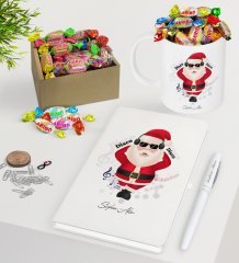 Kişiye Özel Noel Baba Beyaz Defter Kalem Kupa ve Kutulu Haribo Şeker Hediye Seti-1