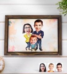 Kişiye Özel Aile Karikatürlü Doğal Ahşap Tepsi-1