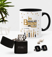 Kişiye Özel İlk Babalar Günün Kutlu Olsun Siyah Kupa Çakmak Kol Düğmesi Seti-5