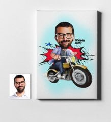 Kişiye Özel Bay Motorcu Karikatür Kanvas Tablo (50 x 70 cm.) 1