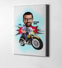 Kişiye Özel Bay Motorcu Karikatür Kanvas Tablo (50 x 70 cm.) 1