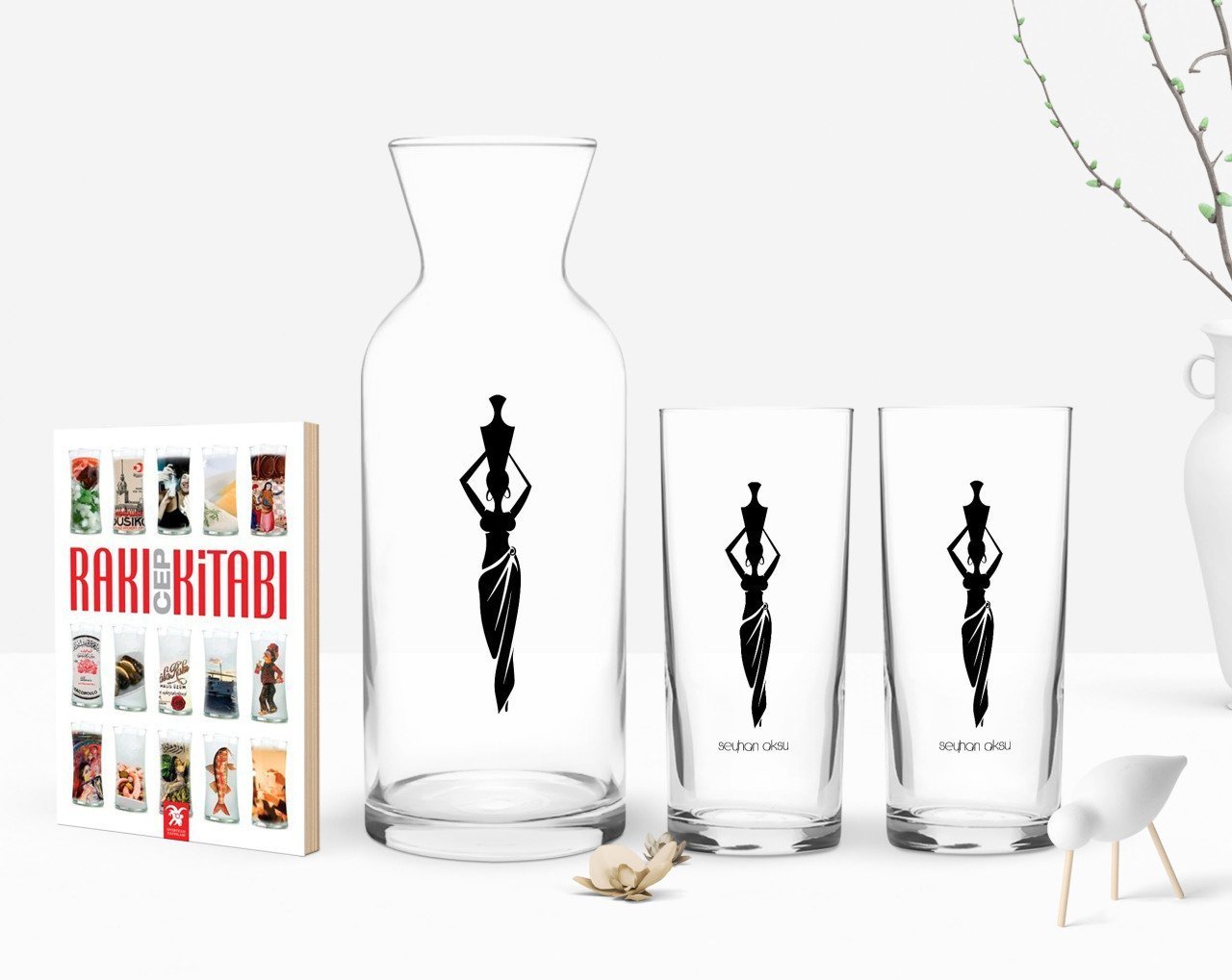 Kişiye Özel Renkli Baskılı İsimli İkili Rakı Bardağı Karaf ve Cep Kitabı Hediye Seti-118