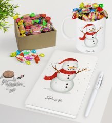 Kişiye Özel Kardan Adam Beyaz Defter Kalem Kupa ve Kutulu Haribo Şeker Hediye Seti-2