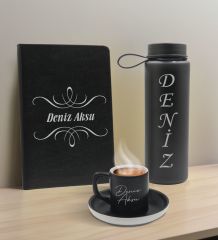 BK Gift Kişiye  Özel İsimli Siyah Defter, Cam Matara ve Türk Kahvesi Fincanı Hediye Seti-7, Arkadaşa Hediye, Sevgiliye Hediye, Yeni İş Hediyesi