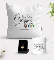Kişiye Özel Çocuk Gelişimi Öğretmeni Beyaz Kupa Yastık ve İsimli Papatya Kolye Hediye Seti-2